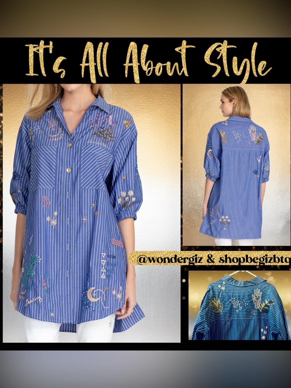 Johnny Was Sezane Weekend Oversized Blue Striped Embroidered Tunic Size Large - Picture 3 of 9
